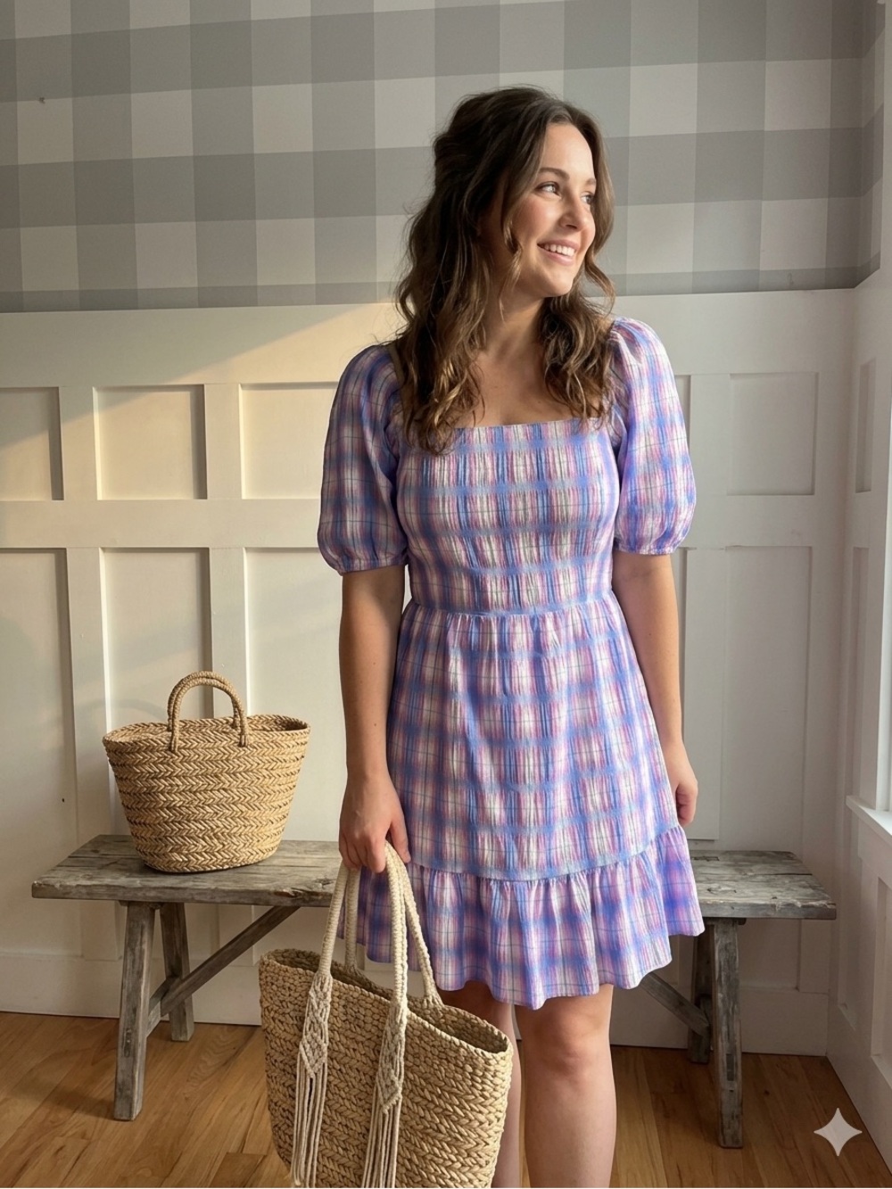 BB Dakota Pastel Plaid‎ Square Neck Puff Sleeve Midi Dress in Lavender Large